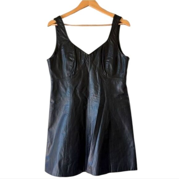 Vintage Sleek Black Genuine Leather Mini Dress Size M